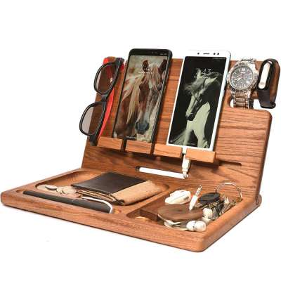 Men Wireless Device Dock Organizer Wood Mobile Base Nightstand Wooden Valet Charging Docking Station